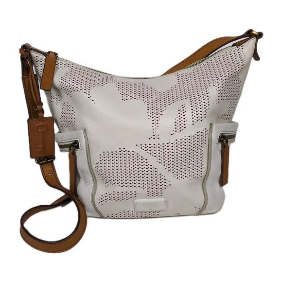 FOSSIL White Floral Perforated Leather Crossbody Bag Mid-Size Women's - Picture 1 of 9
